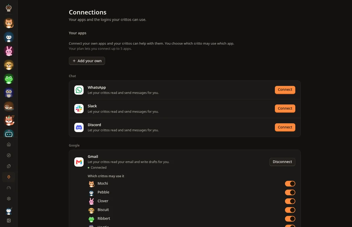 Connections: your apps and which crittos may use them