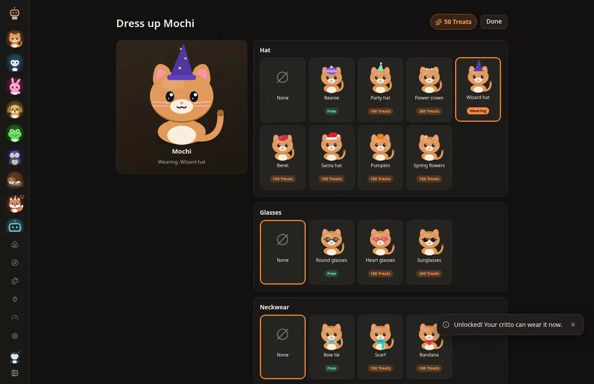 The Dress up screen: a critto wearing a wizard hat, with hats, glasses and more to pick
