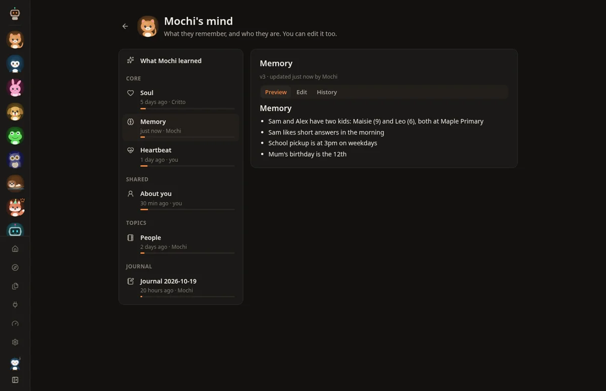 The Critto app showing memories you can read and edit