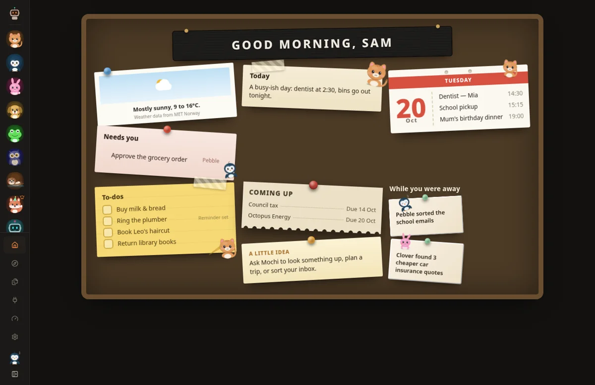 The Today screen: the day, calendar, to-dos, reminders and bills